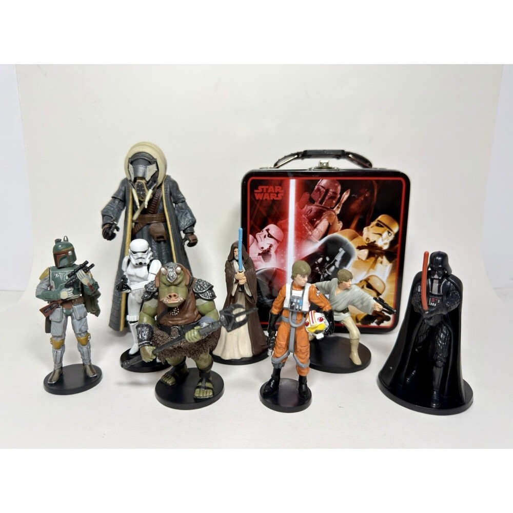 Star Wars Disney Store PVC Figure Lot Boba Fett Darth Vader Luke Skywalker Tin